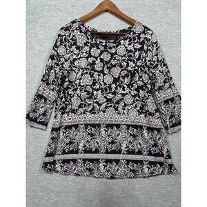 Lucky Brand Womens Top 1X Black White‎ Floral  3/4 Sleeve Tunic Style Boho